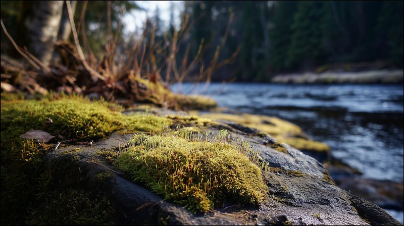 Close-up of vibrant green moss growing on a wet riverside rock, with sunlight highlighting textures and a blurred flowing river and evergreen forest in the soft background.