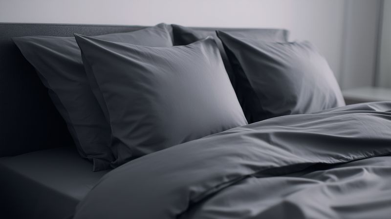 Soft gray bedding with neatly arranged pillows and a cozy duvet on a modern bed, showcasing minimalist bedroom styling, fabric texture and a calm, inviting atmosphere for interiors.