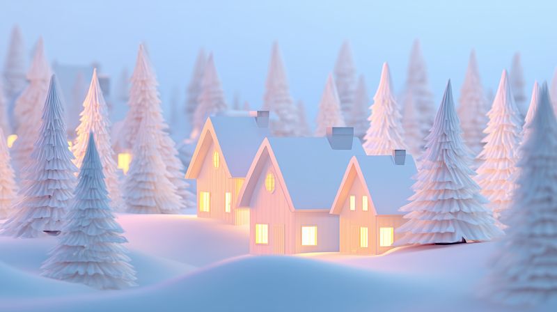 Cozy snow covered cottages nestled among frosted pine trees at dusk, glowing warm windows creating a serene winter landscape with soft pastel light, gentle snowy hills and peaceful atmosphere.