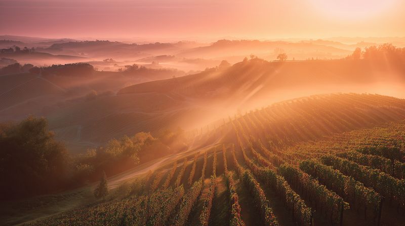Golden sunrise over rolling vineyard hills with morning mist and sun rays filtering through clouds, creating warm atmospheric light across rows of grapevines and textured landscape.
