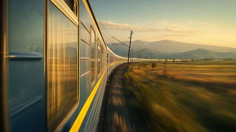 Motion blur view from a passenger train traveling through golden countryside at sunset, reflecting warm light on windows with distant hills and open tracks stretching ahead.