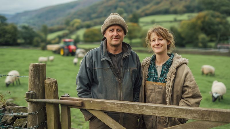Smiling farmers standing by a wooden gate on a green pasture with sheep grazing and a tractor in the background, wearing work clothes and warm outerwear for farm chores.