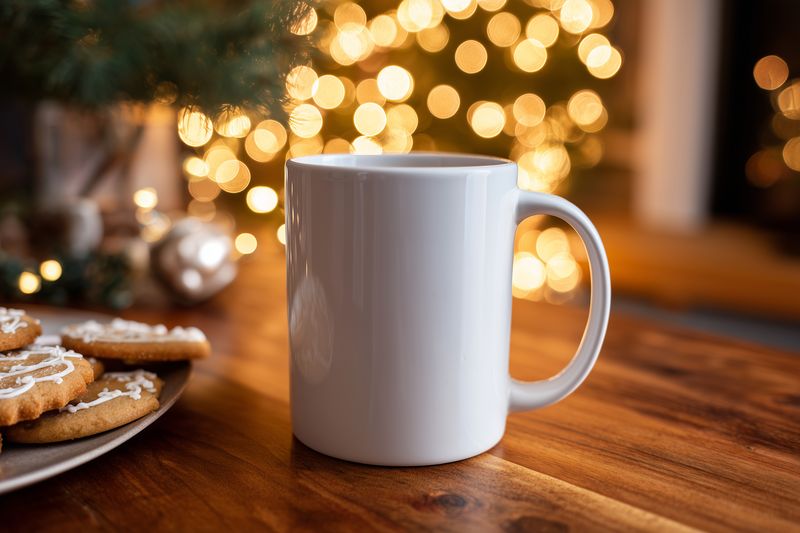 White ceramic mug on a wooden table with warm festive bokeh lights in the background and a plate of cookies, creating a cozy holiday atmosphere for seasonal beverage or comfort themes.