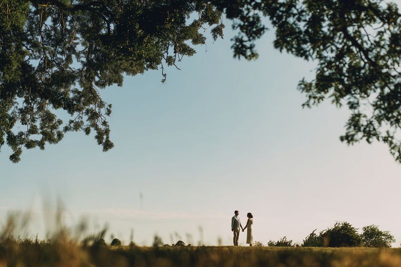 Two people holding hands in a wide grassy field beneath overhanging trees, captured as a soft backlit silhouette at sunset, conveying intimate romance and quiet, peaceful connection.
