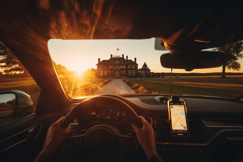 Driver's point of view inside a modern car approaching a grand mansion at sunset, hands on the wheel and smartphone navigation visible on the dashboard, warm golden light over the countryside.