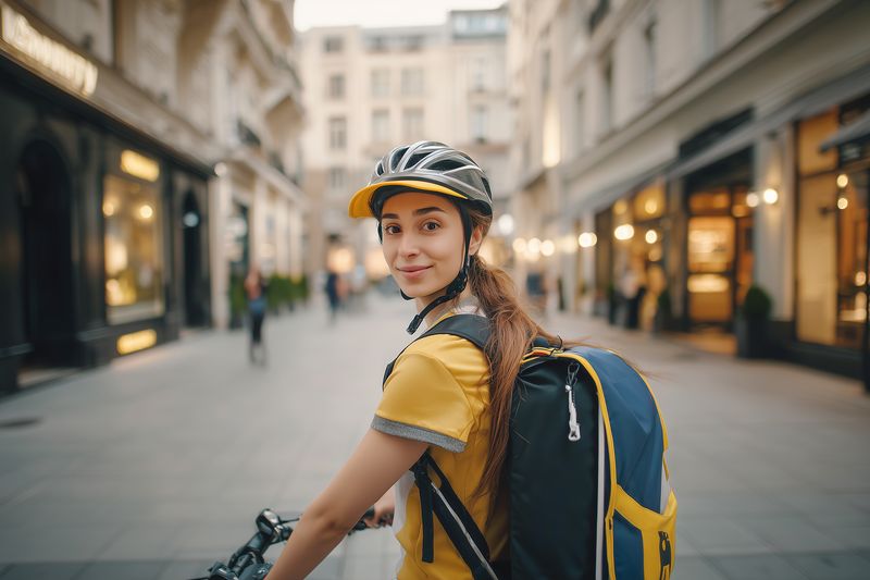Young woman in a helmet and backpack riding a bicycle pauses on a bustling pedestrian street, smiling over her shoulder with blurred storefronts and warm evening lights behind her.