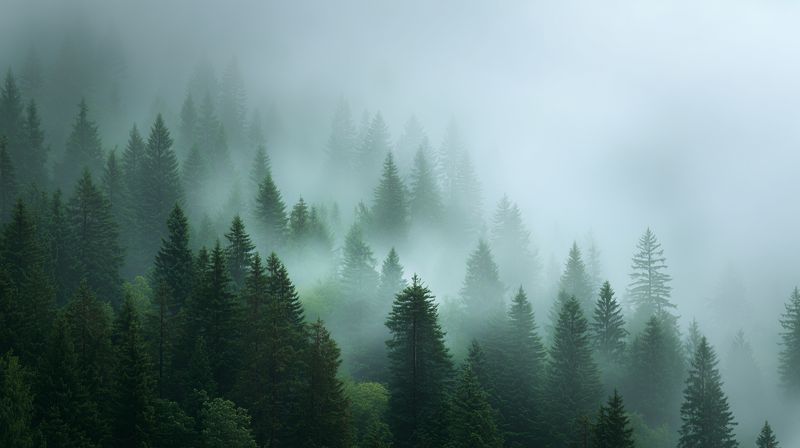 Misty evergreen forest with dense fir and pine trees emerging through low rolling fog, creating a moody atmospheric landscape of layered treetops and soft muted green tones.