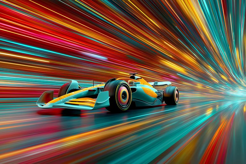 Futuristic single seat racing car speeding through a tunnel of neon light streaks and motion blur, showcasing aerodynamic silhouette, vibrant colors and intense sense of velocity.