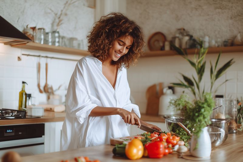 Smiling woman in a bright kitchen chops fresh vegetables on a wooden board, preparing a healthy meal while enjoying home cooking with natural ingredients in a cozy modern space.