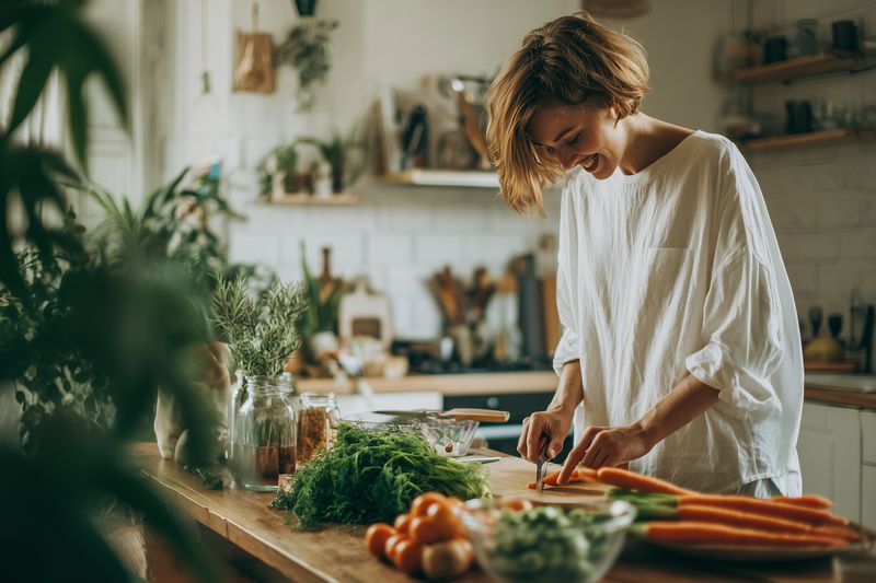 Young woman preparing fresh vegetables in a cozy rustic kitchen, chopping carrots and smiling while enjoying home cooking surrounded by herbs, jars, wooden utensils and warm natural light.