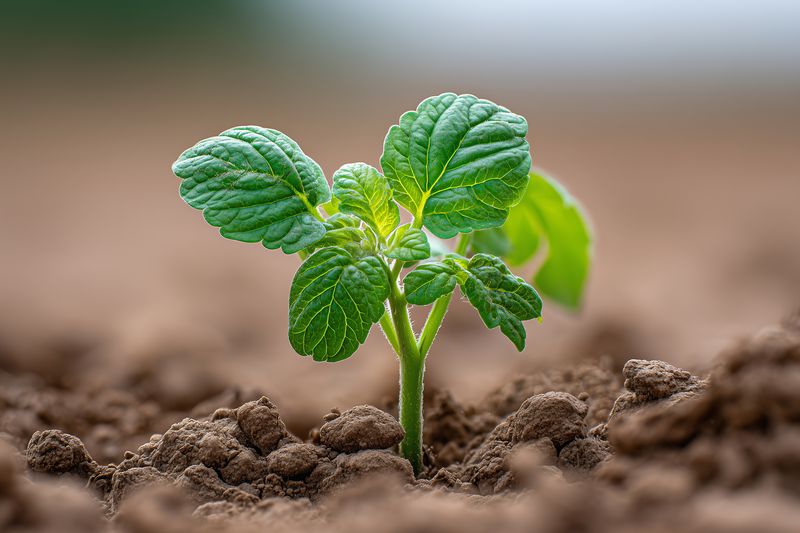 Close-up of a young green seedling emerging from fertile soil, symbolizing growth, renewal and sustainable agriculture, photographed with soft natural light and shallow depth of field.
