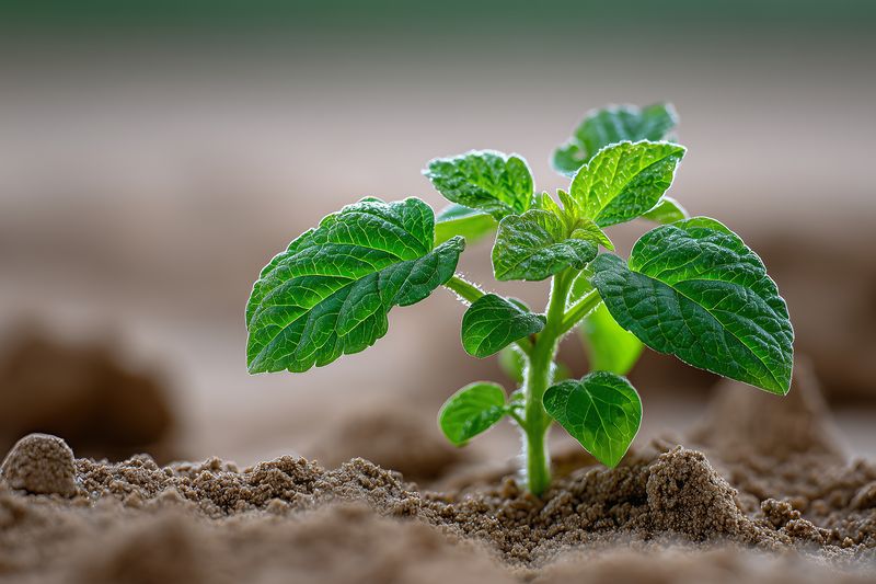 Close-up of a young green seedling emerging from rich soil, fresh vibrant leaves with tiny dew droplets, suggesting natural growth, renewal and vitality in an intimate macro nature scene.