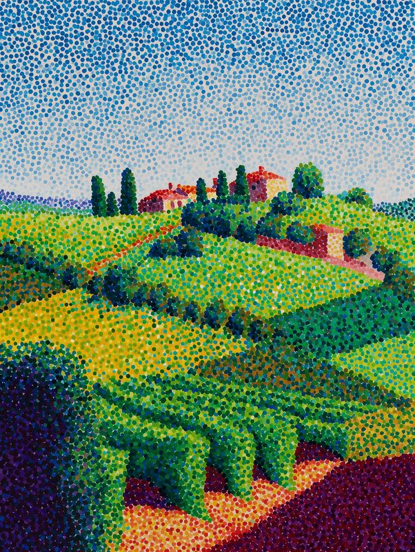 Pointillist landscape painting of sunlit rolling hills with vineyards and a farmhouse, composed of colorful dotted brushstrokes that create vibrant texture, rhythm and atmospheric depth.