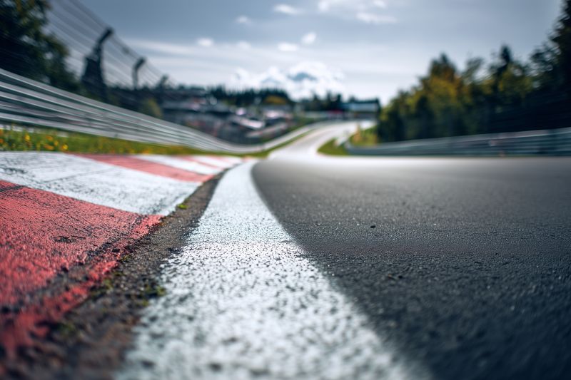 Low angle view of a winding race track with curbstone and safety barriers, shallow depth of field emphasizing the racing line and dramatic sky over a motorsport circuit.