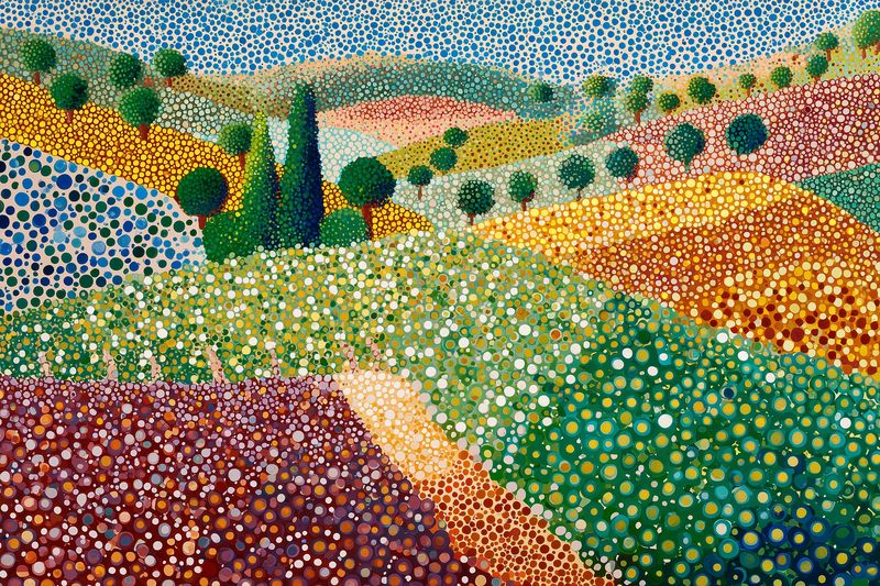 Colorful pointillist landscape painting of rolling hills and patchwork fields dotted with trees and wildflowers, vibrant textured dots creating a rhythmic pastoral scene.