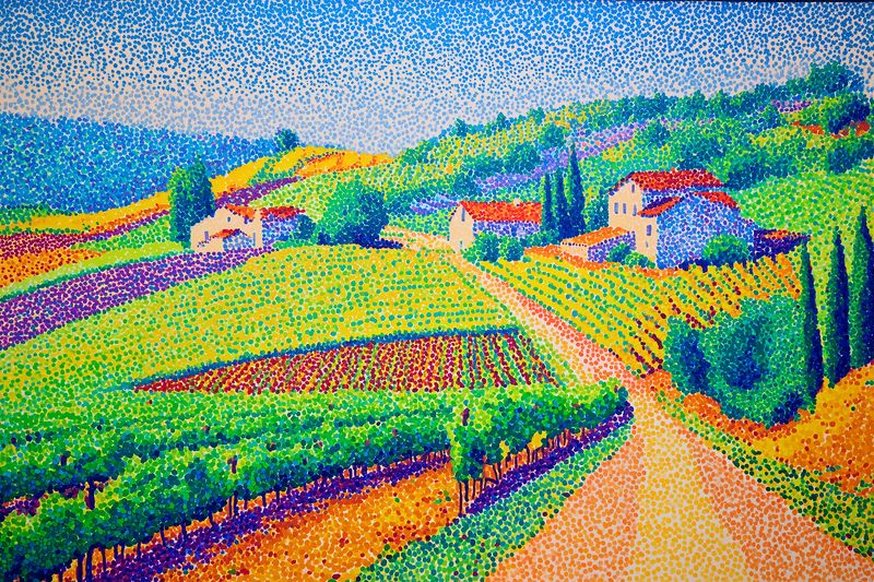 Colorful pointillist landscape painting of rolling countryside with vineyards, dirt road, farmhouse and cypress trees under a textured sky in sunny summer light.
