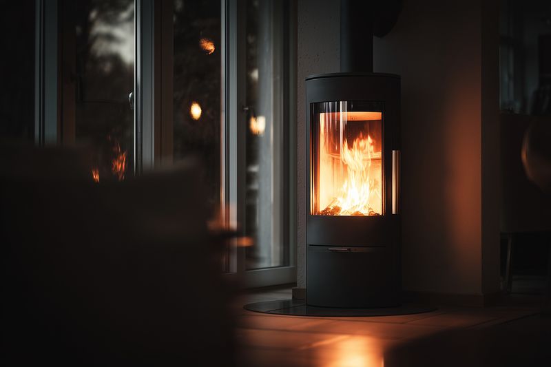 Modern cylindrical wood stove with visible flames creating warm ambient light in a cozy interior near a window, evoking comfortable evening atmosphere and rustic charm.