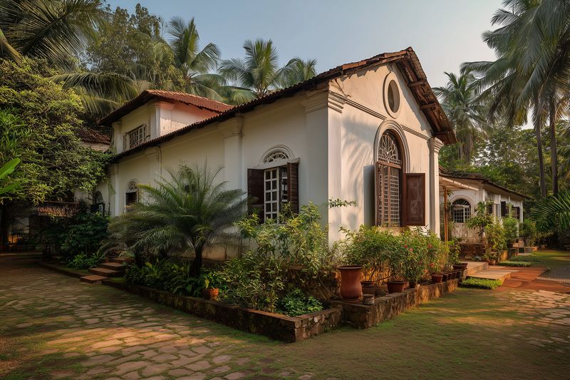 Sunlit colonial house surrounded by a lush tropical garden and towering palm trees, showcasing rustic shutters, arched windows, terracotta roof and a serene warm outdoor atmosphere.