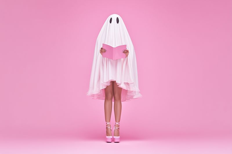 Playful ghost costume created from a white sheet with eye cutouts, holding a pink book against a pastel pink studio backdrop, revealing slim legs and high platform heels.
