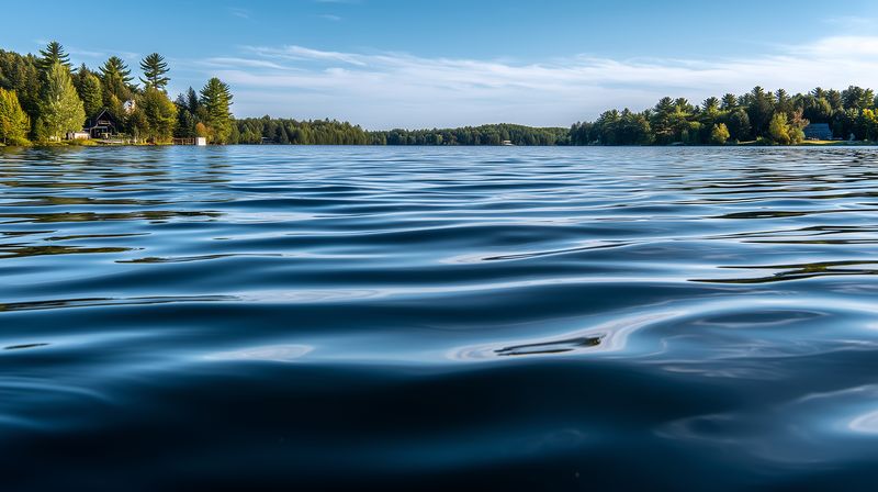 Wide panoramic view of a calm freshwater lake with gentle ripples in the foreground, tree-lined shoreline and clear blue sky reflecting softly on the tranquil water surface.
