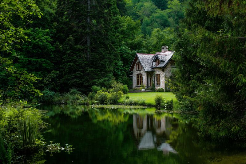 A secluded stone cottage nestled beside a tranquil forest pond, reflected in still water and surrounded by lush green trees and vegetation, evoking peaceful rustic charm.