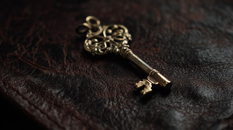 An ornate antique brass key rests on dark textured leather in a close-up composition, shallow depth of field emphasizing intricate filigree and aged metallic patina with moody lighting.