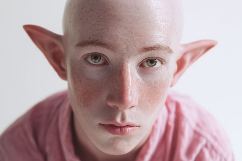 Close-up studio portrait of a bald person with pointed ears and freckles wearing a pink shirt, minimalist white background, soft natural lighting and an intense direct gaze.