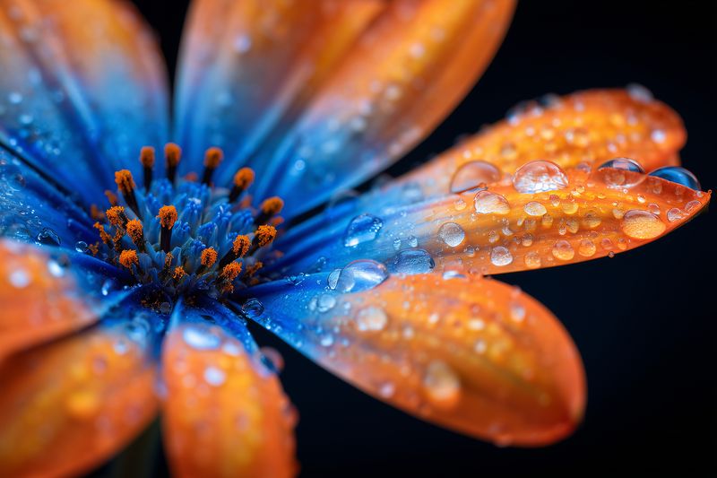Macro closeup of a vibrant orange and blue flower with glistening water droplets, emphasizing delicate petals, intricate texture, pollen details, and strong color contrast on dark backdrop.