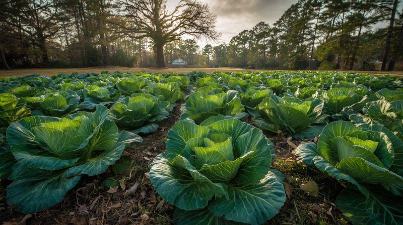 Wide view of a dewy cabbage field at sunrise, rows of lush green heads filling the farm landscape, highlighting organic agriculture, natural textures and tranquil rural morning.