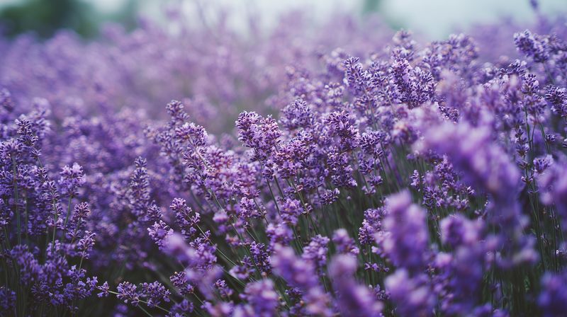 Close-up of a blooming lavender field with soft focus, showing vibrant purple flowers swaying in a gentle breeze and creating a serene, fragrant natural scene.
