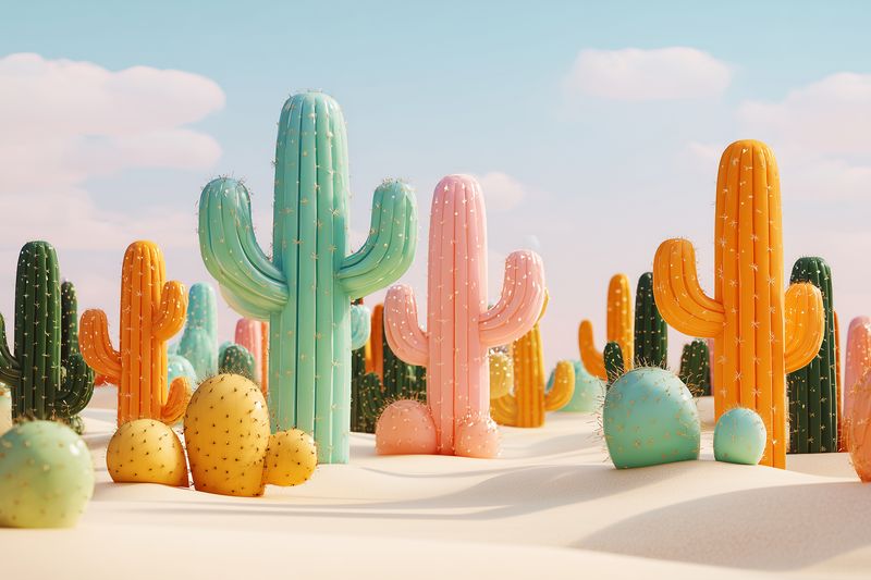 Pastel-colored stylized cacti and rounded succulents scattered across soft sand dunes in a whimsical surreal desert scene, playful sculptural shapes and gentle sky lighting create a dreamy mood.