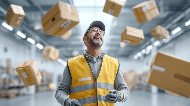 Warehouse worker in a reflective safety vest and cap looks upward as multiple cardboard boxes float around in a bright industrial storage facility, suggesting logistics and dynamic inventory.
