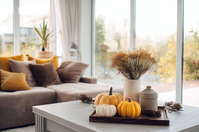 Cozy modern living room with autumn table centerpiece featuring small pumpkins and dried floral arrangement on a white coffee table, soft sofa and warm natural light from large windows.