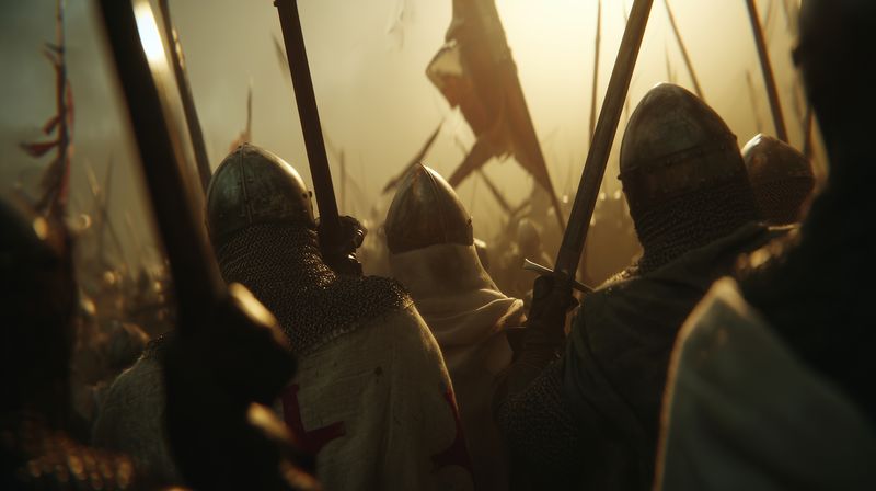 Epic medieval battle formation of armored soldiers with helmets and spears advancing through misty light, dramatic backlighting evokes tension and historical warfare atmosphere.