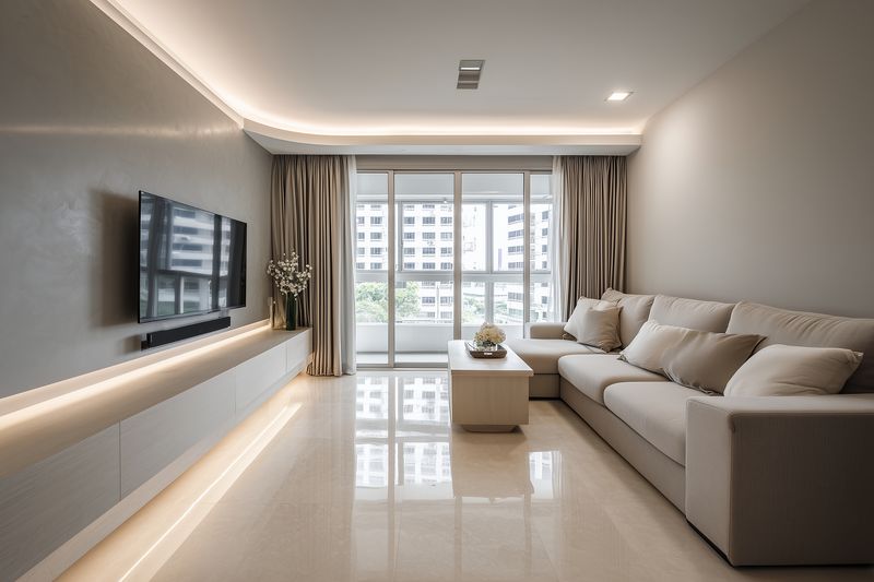 Spacious modern living room interior with neutral beige and cream tones, large comfortable sofa, wall-mounted television, glossy tiled floor and floor-to-ceiling windows flooding space with natural