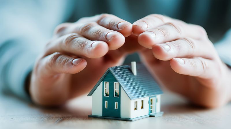 Hands gently covering a small house model on a table, representing home protection, security, insurance, family safety, property care, ownership and real estate investment concept.