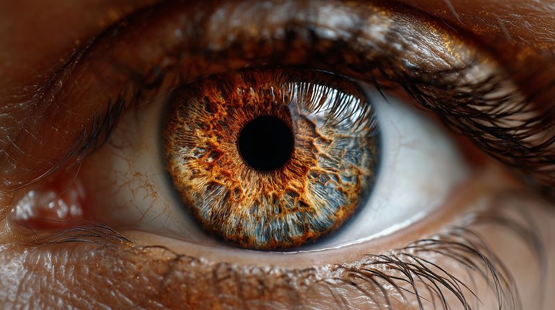 Extreme close-up of a human eye showing intricate iris texture, warm brown and amber tones, detailed eyelashes and skin, highlighting natural pattern and rich color variation.