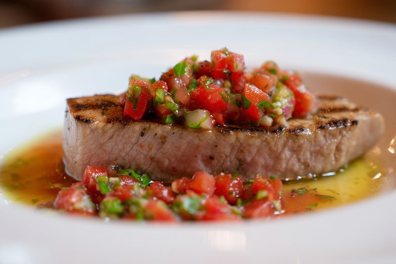 Grilled tuna steak topped with fresh tomato and herb salsa served on a white plate with olive oil drizzle, showcasing vibrant colors and appetizing presentation.