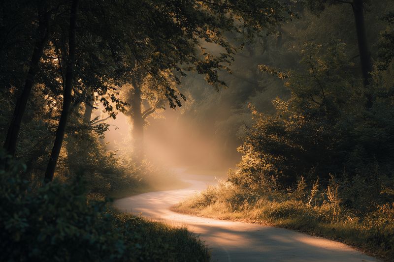 Sunlit winding forest road at golden hour, mist drifting through dense trees creating atmospheric mood. Quiet rural lane framed by foliage and warm dappled light and soft shadows.