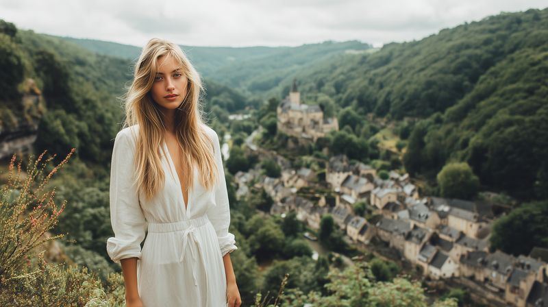 Young woman in a flowing white dress stands on a hillside overlooking a quaint village and ancient castle ruins, surrounded by lush forested valleys and soft summer light.