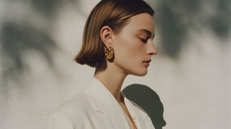 Minimalist fashion portrait of a woman in profile with a short bob, wearing a white blazer and gold earring, photographed in soft natural light and gentle shadow for a serene look.