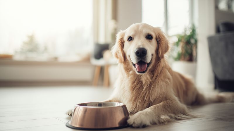 Happy golden retriever lying on a wooden floor indoors next to an empty food bowl, looking at the camera with a relaxed expression in a cozy sunlit living room.