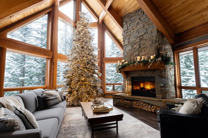 Cozy rustic living room in a wooden cabin decorated for winter holidays with a glowing fireplace, illuminated Christmas tree, large panoramic windows and snowy forest views.