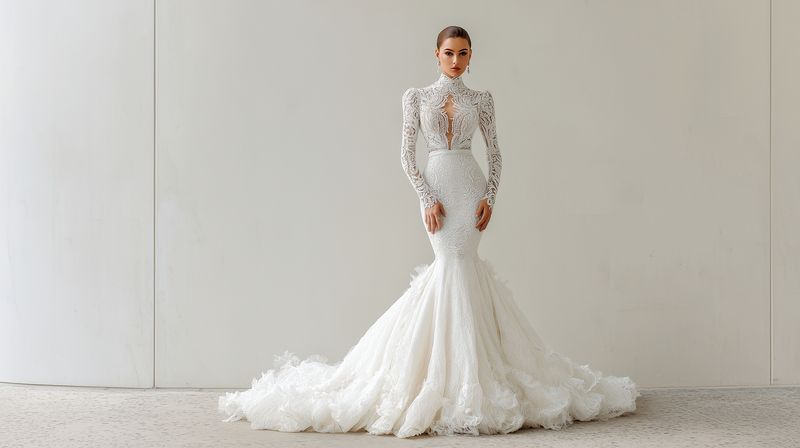 Elegant bride in an ornate mermaid wedding gown with long train and intricate lace beading stands poised against a minimalist studio backdrop, showcasing couture bridal fashion.