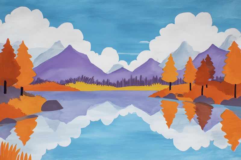Colorful autumn landscape painting featuring purple mountains, orange and gold trees along a calm reflective lake, soft clouds and blue sky creating a peaceful, whimsical nature scene.