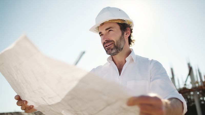 Confident construction engineer wearing a white hard hat reviews architectural blueprints at a sunny building site, focusing on plans and structural details during inspection and scheduling.