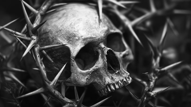 Monochrome image of an aged human skull entangled in sharp thorny branches, creating a haunting and dramatic composition that evokes themes of decay, mortality, and danger.