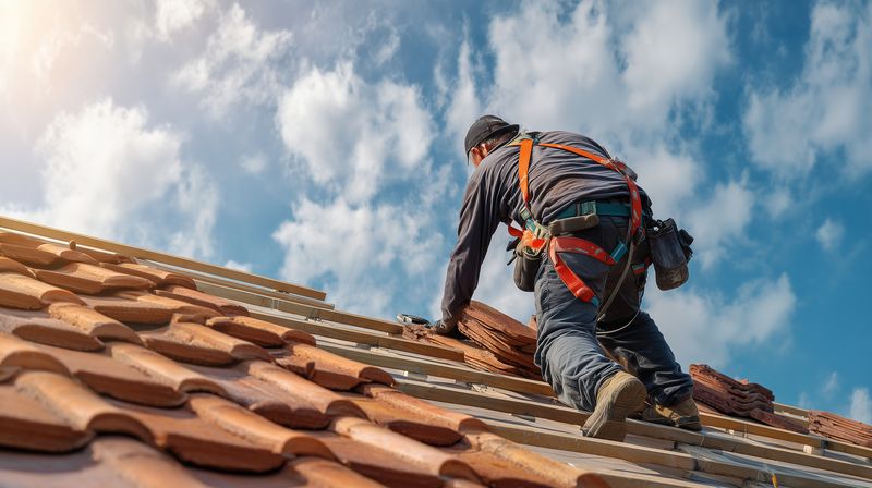 Professional roofer installing clay roof tiles on a residential roof while wearing a safety harness and tool belt, working on a sunny day with blue sky and clouds showing construction detail and