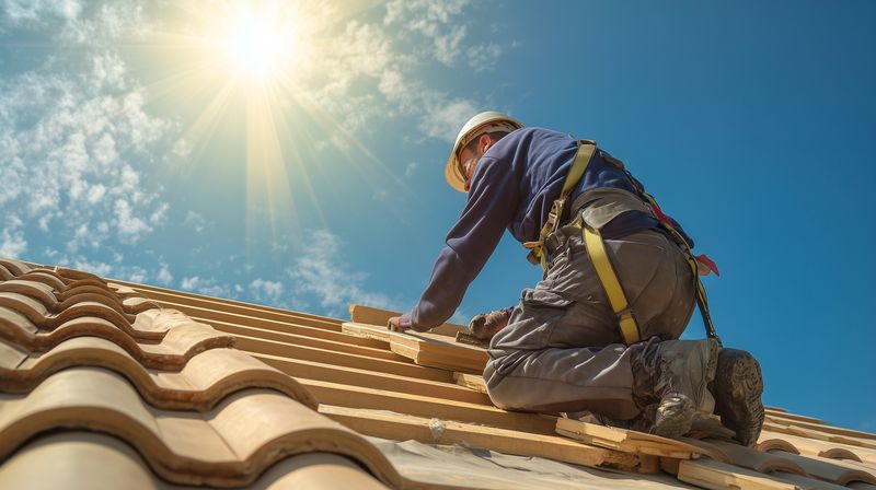A construction worker fitting clay roof tiles on a steep residential roof, wearing a safety harness and helmet while kneeling under bright sunlight with clear blue sky and clouds.
