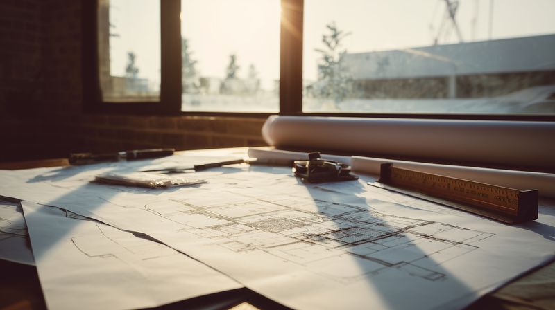 Architectural blueprints and drafting tools on a sunlit desk showing detailed plans, ruler and measuring tape with warm light highlighting a focused creative planning workspace.